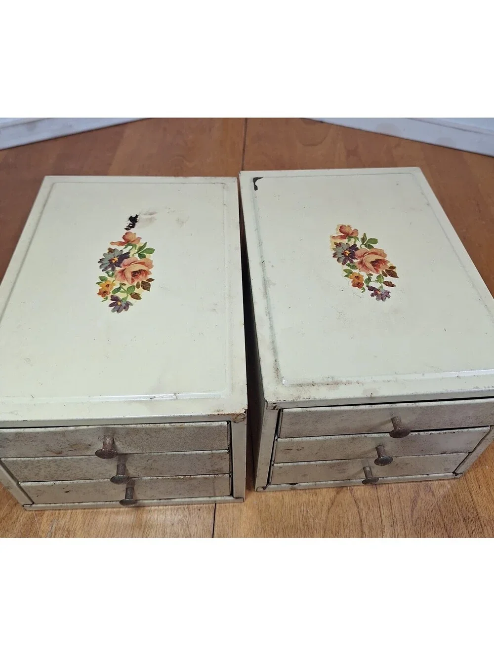 2 VTG Metal 3 Drawer Jewelry/Craft Storage Caddies w/Floral Motif S Brass Knobs.